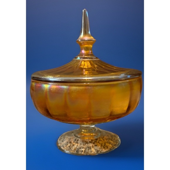 Unmarked Other - Vintage Amber Carnival Glass‎ Covered Candy Dish Pedestal Compote Iridescent